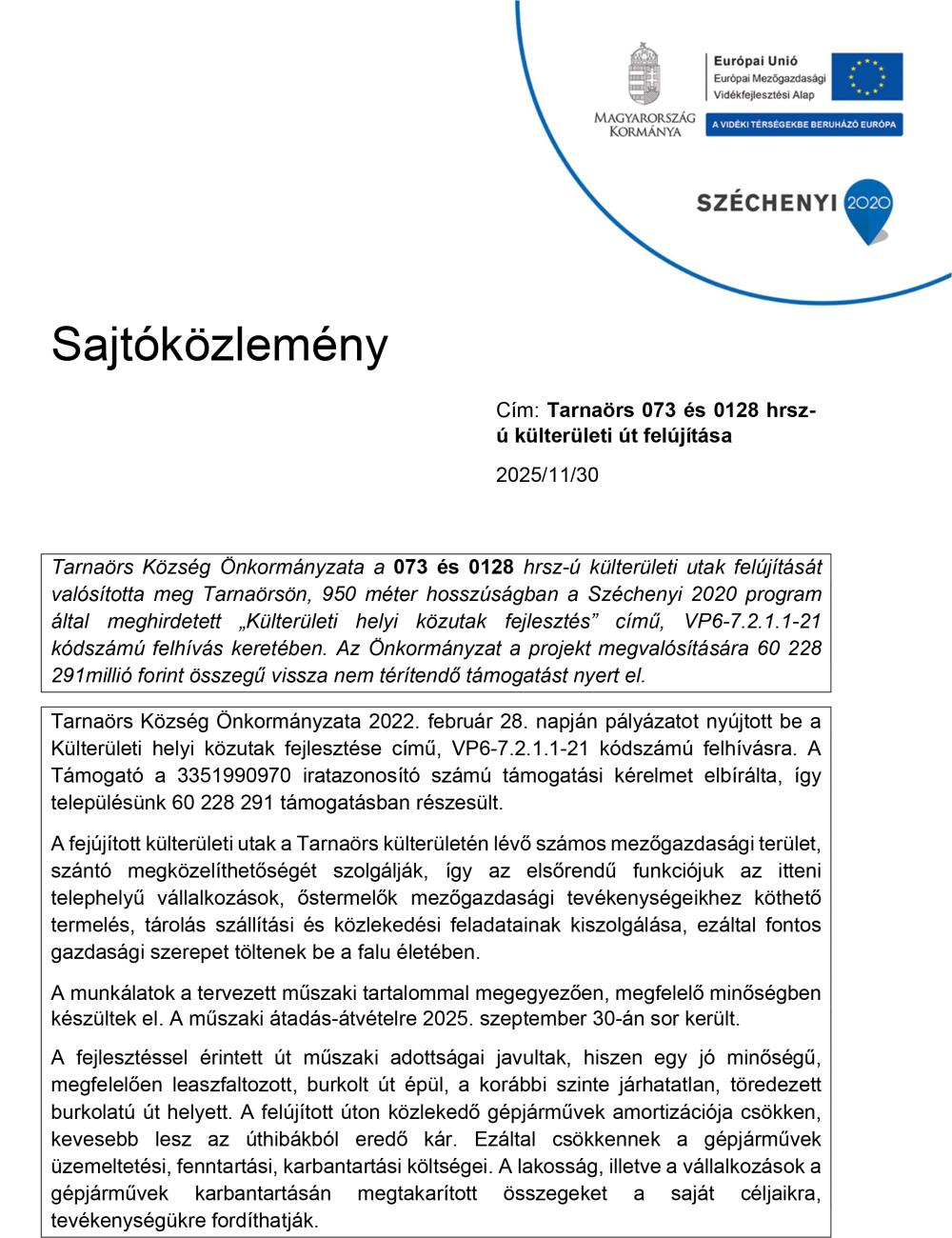 Vp6 7 2 1 1 21 Kulteruleti Helyi Kozutak Fejlesztese Sajtokozlemeny Zaro